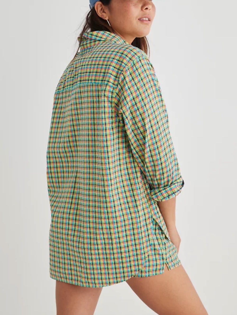 aerie - Seersucker Colorful Plaid Oversized Green Button Front Shirt -